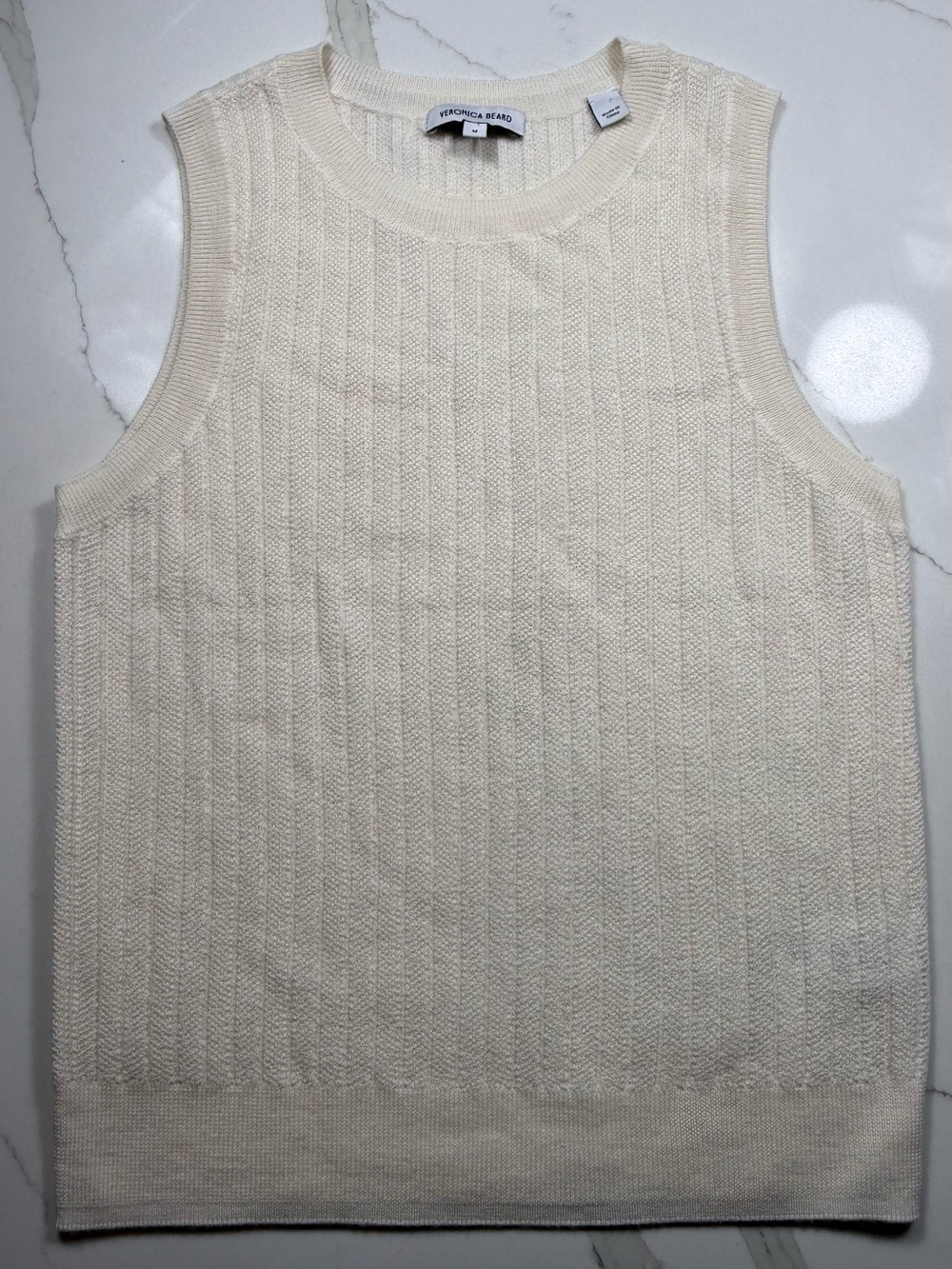 Veronica Beard Cream Ribbed Knit Sleeveless Tank